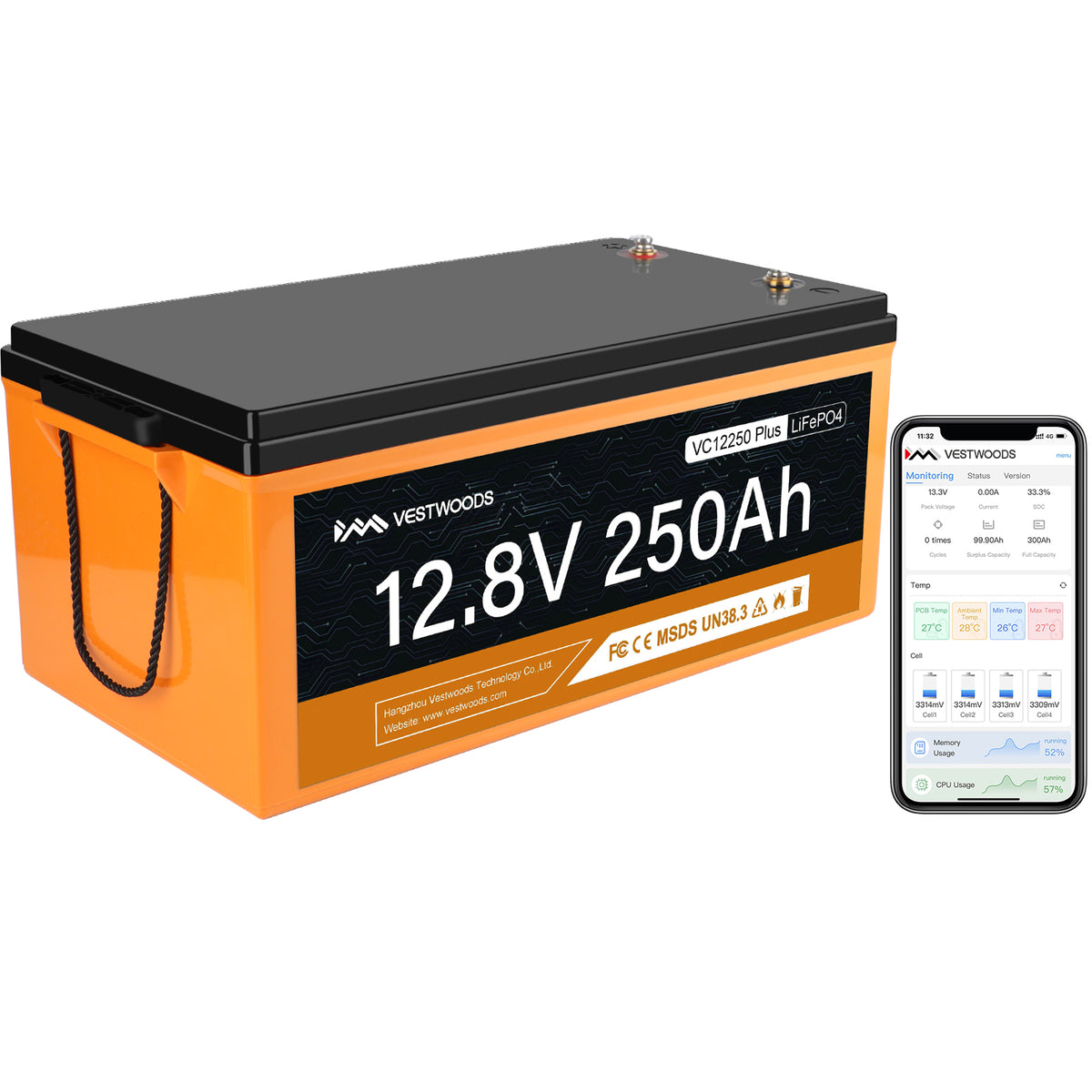 VESTWOODS 12V 250Ah LiFePO4 Lithium Rechargeable Battery Bluetooth SOC