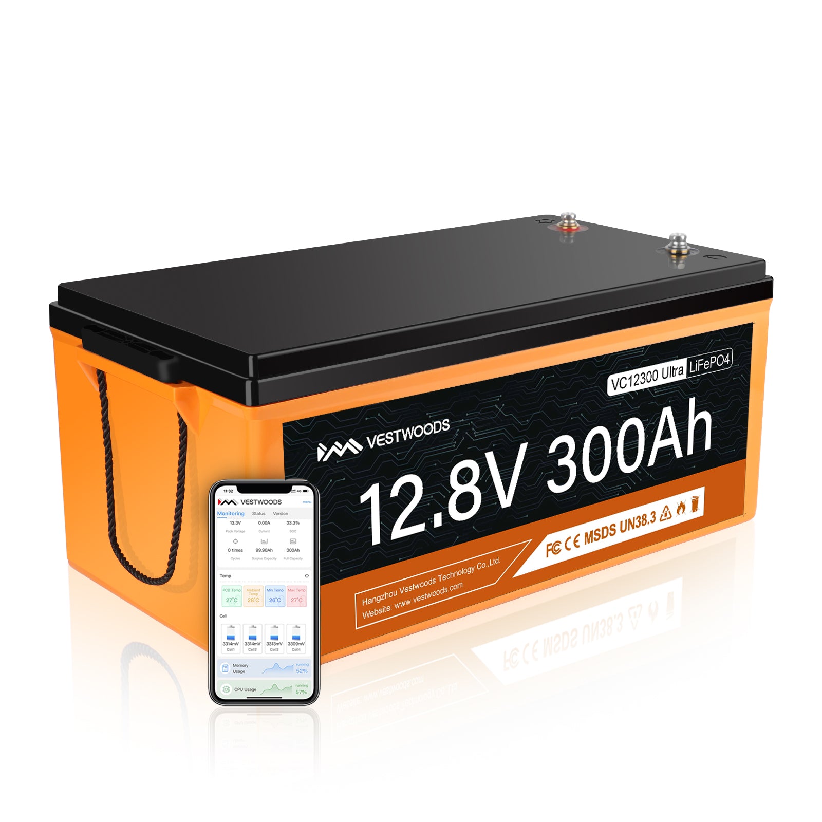 VESTWOODS Smart 12V 100Ah LiFePO4 Lithium Rechargeable Battery Bluetoo